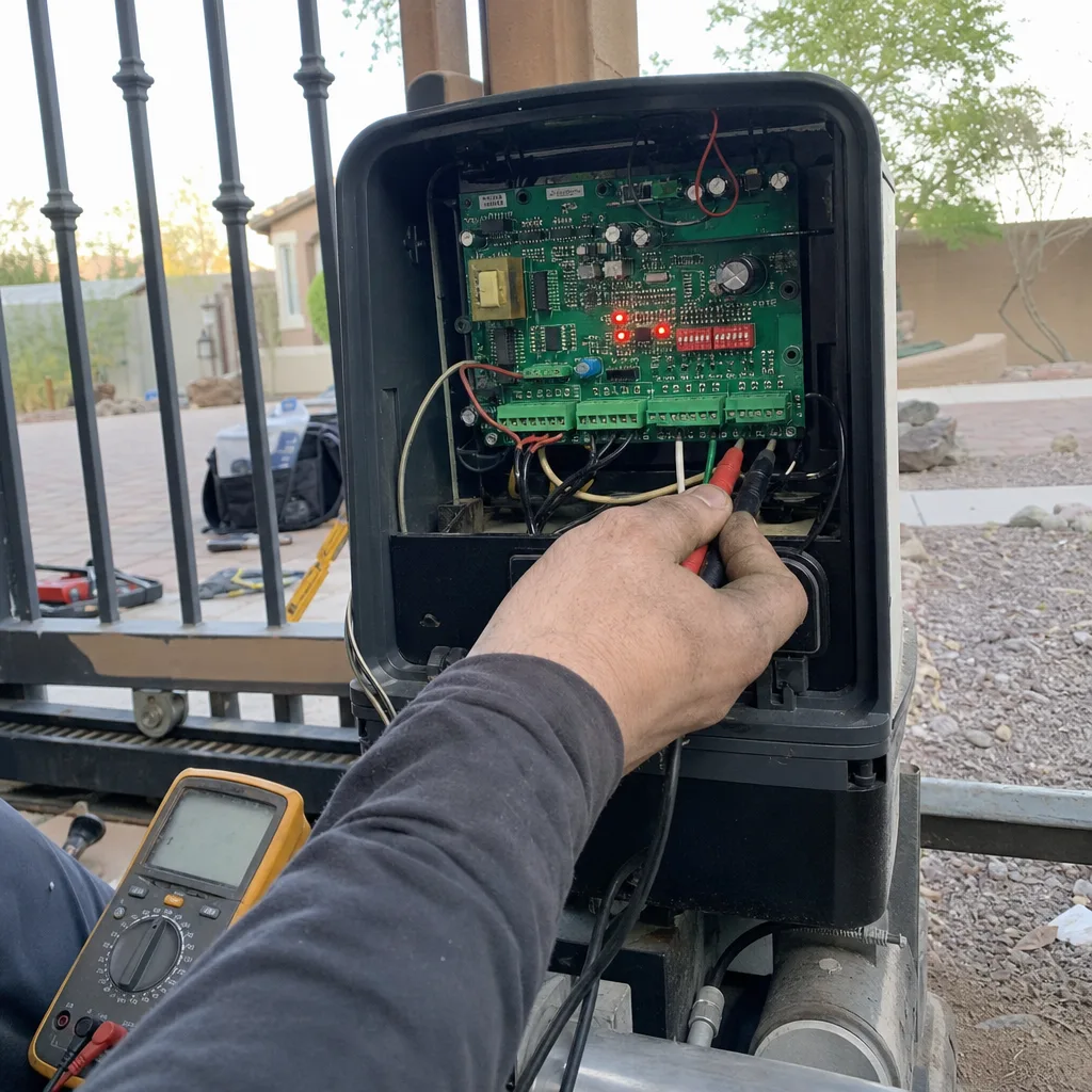 Technician using a multimeter to repair an automatic gate motor controller
