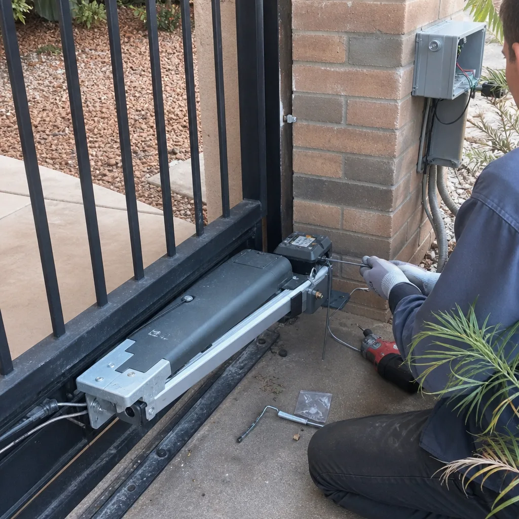 Technician repairing an automatic gate motor and opener system