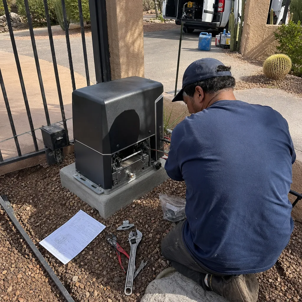 Technician performing repairs on a residential gate motor and opener system.
