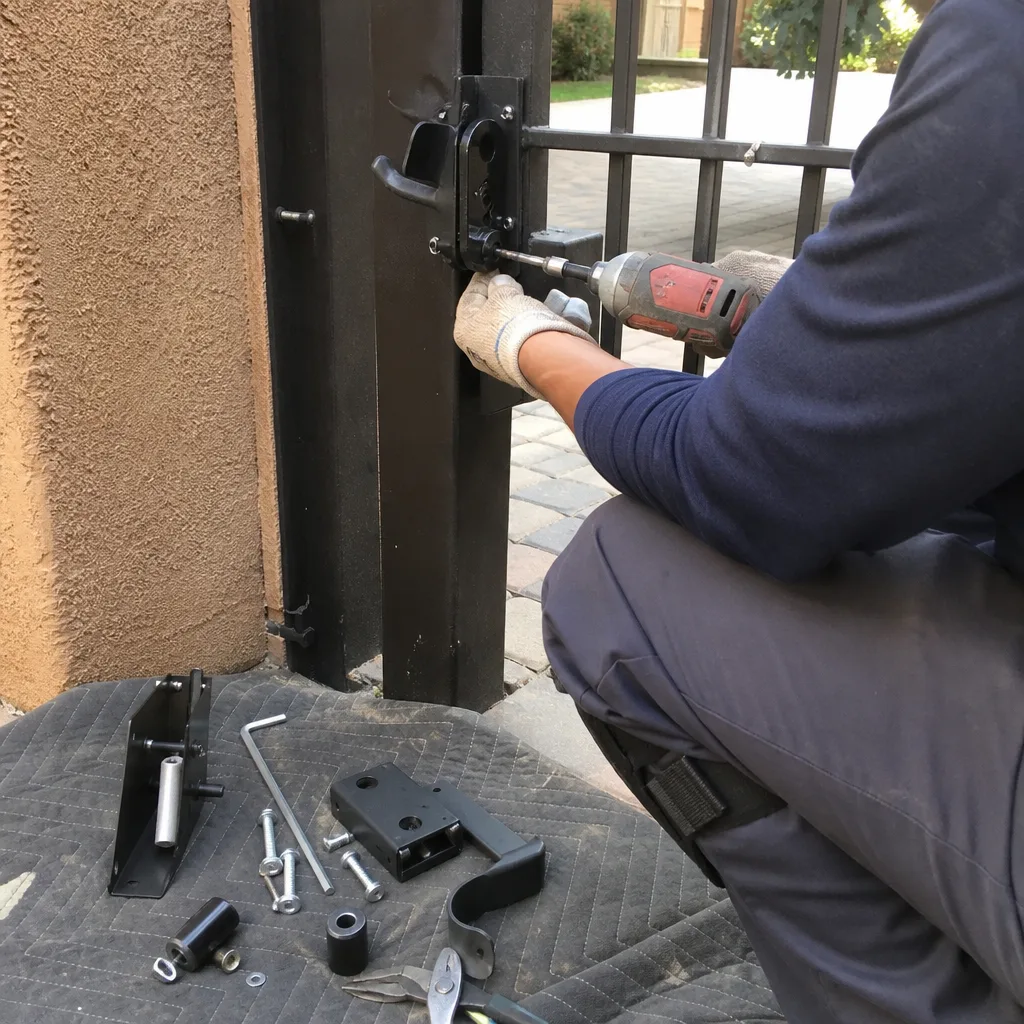 Technician repairing a metal security gate with tools and replacement parts