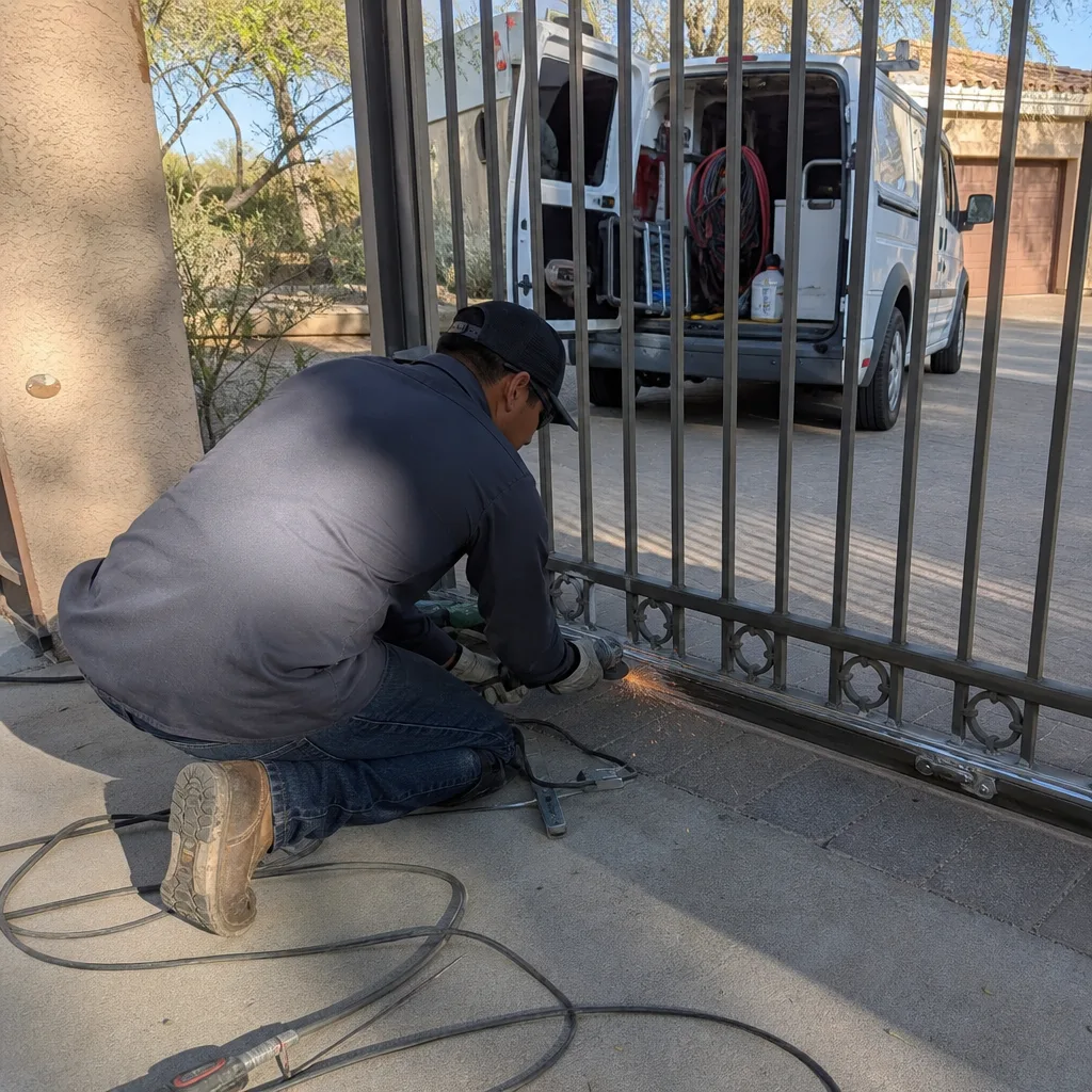 Technician performing professional metal gate repair with an angle grinder