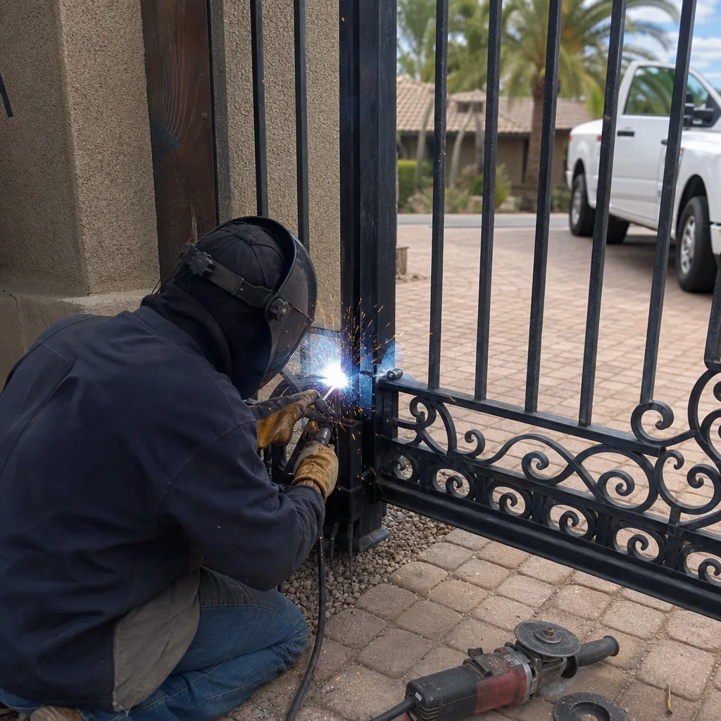 Professional welder performing iron gate repair and maintenance
